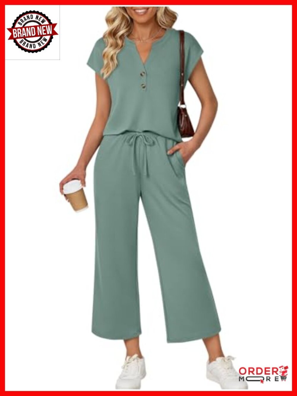 LILLUSORY 2 Piece Lounge Set V-Neck Top Wide Leg Pants Relaxed Fit